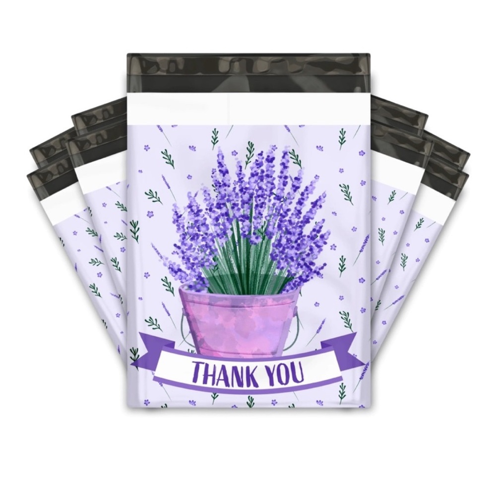 20 (10” x 13”) lavender-themed poly mailers with “Thank You” design. NEW